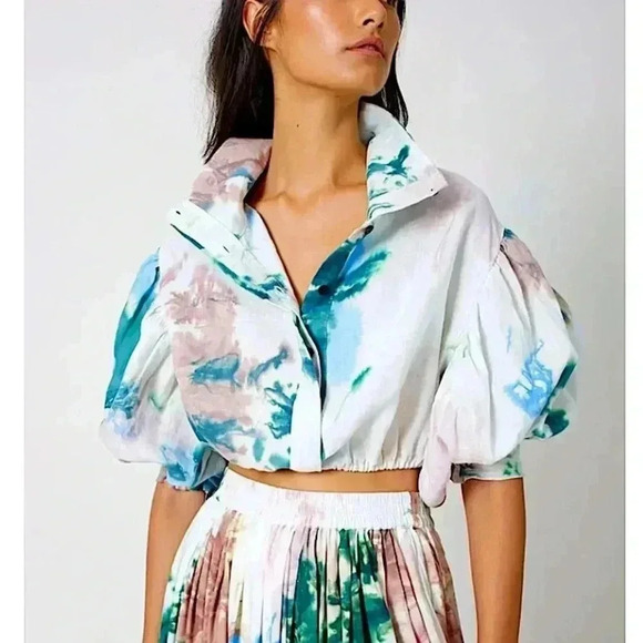 SWF Puff Sleeve Cropped Bomber Top New Linen Blouse - Picture 1 of 15